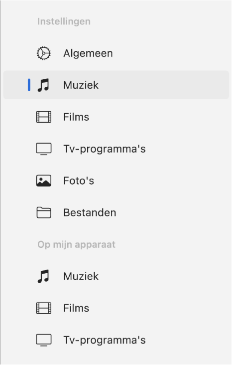 De navigatiekolom met 'Muziek' geselecteerd.
