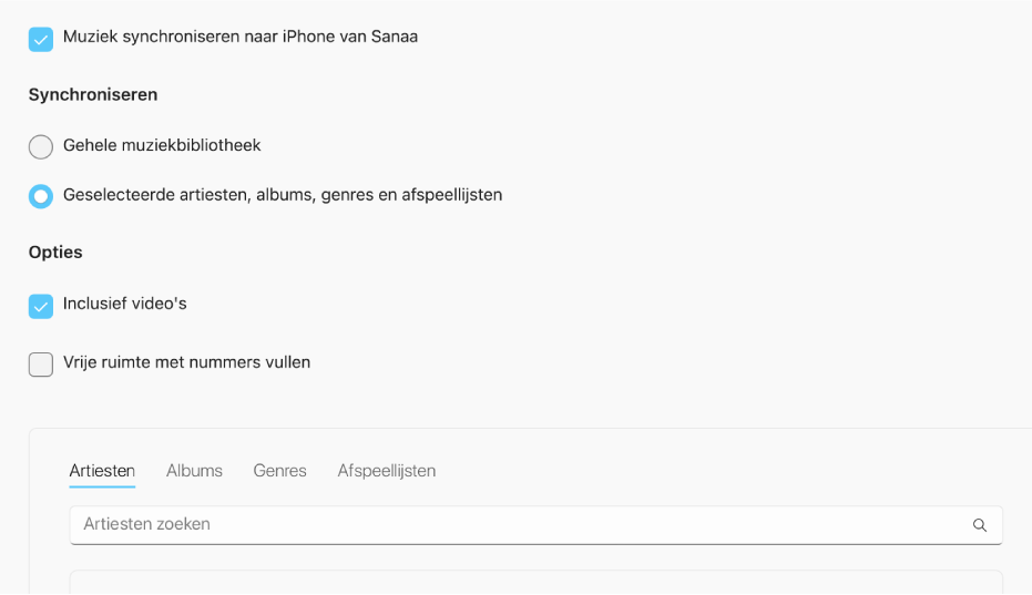 Het selectievakje 'Muziek synchroniseren naar [apparaat]' bevat extra opties waarmee je aangeeft of je de hele bibliotheek of alleen geselecteerde muziek inclusief video's en gesproken memo's wilt synchroniseren.