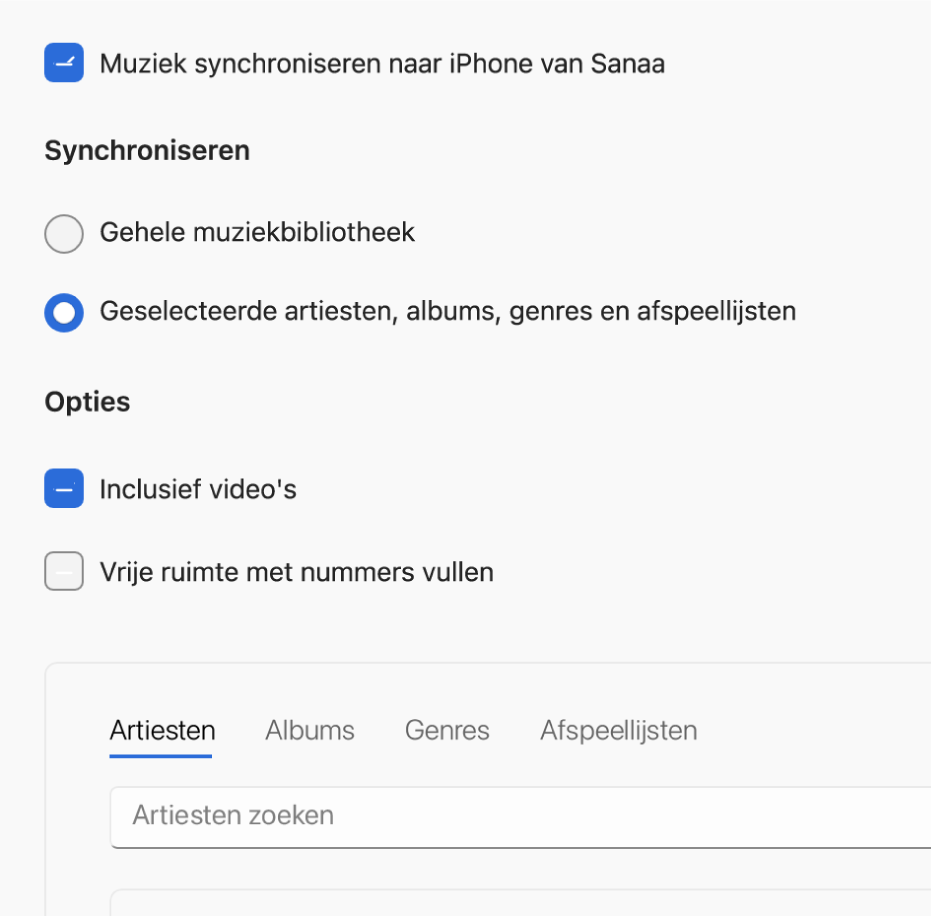 Het Apple Devices-venster met de synchronisatieoptie voor muziek.