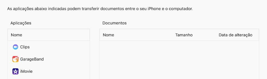 A janela da aplicação Ficheiros a mostrar aplicações que podem ser sincronizadas com um dispositivo.