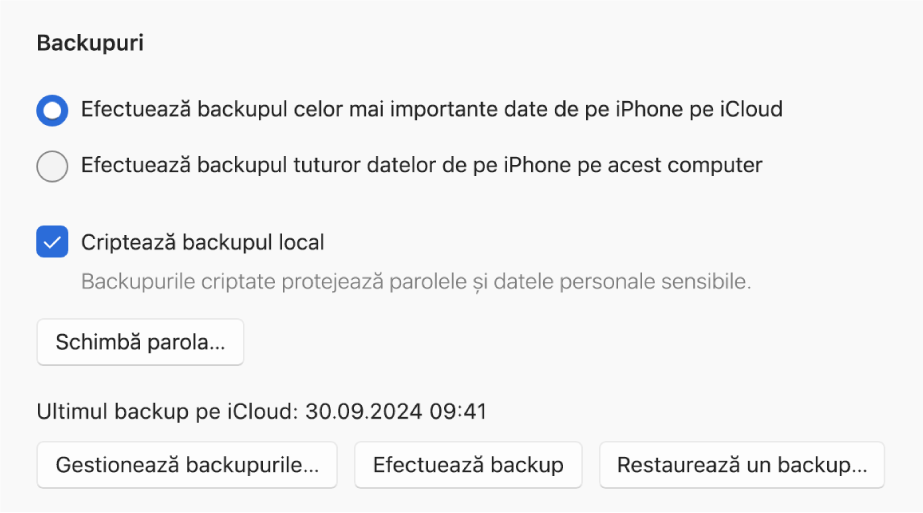 Opțiunile pentru efectuarea backupului datelor de pe un dispozitiv afișând două butoane pentru a selecta dacă backupul să se efectueze pe iCloud sau pe dispozitivul Windows, o casetă de validare “Criptează backupul local” pentru criptarea datelor de backup și butoane suplimentare pentru gestionarea backupurilor, restaurarea dintr‑un backup și lansarea unui backup.