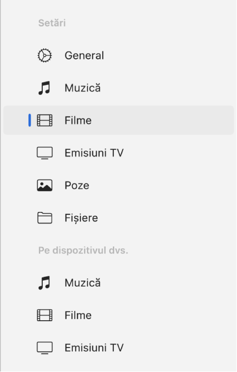 Bara laterală afișând opțiunea Muzică selectată.
