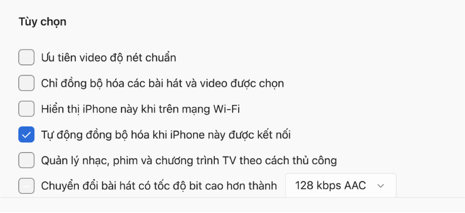 Các tùy chọn để đồng bộ hóa thiết bị Apple và thiết bị Windows của bạn. “Tự động đồng bộ hóa khi iPhone này được kết nối” được chọn.