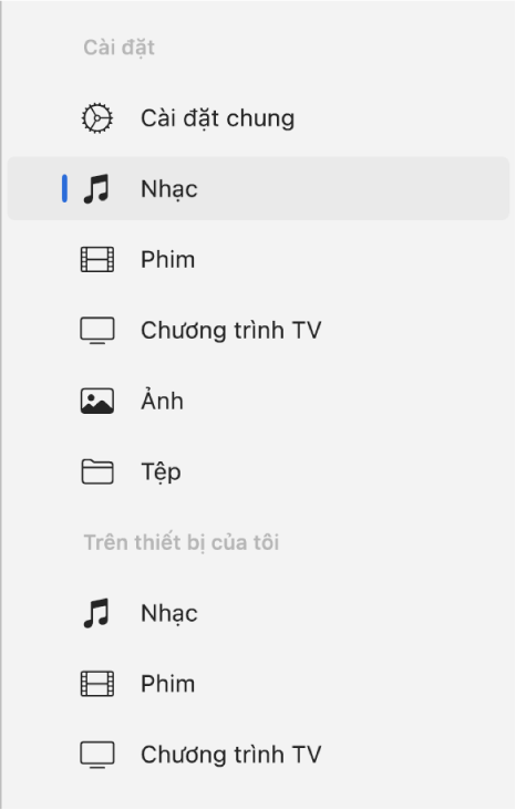 Thanh bên đang hiển thị Nhạc được chọn.