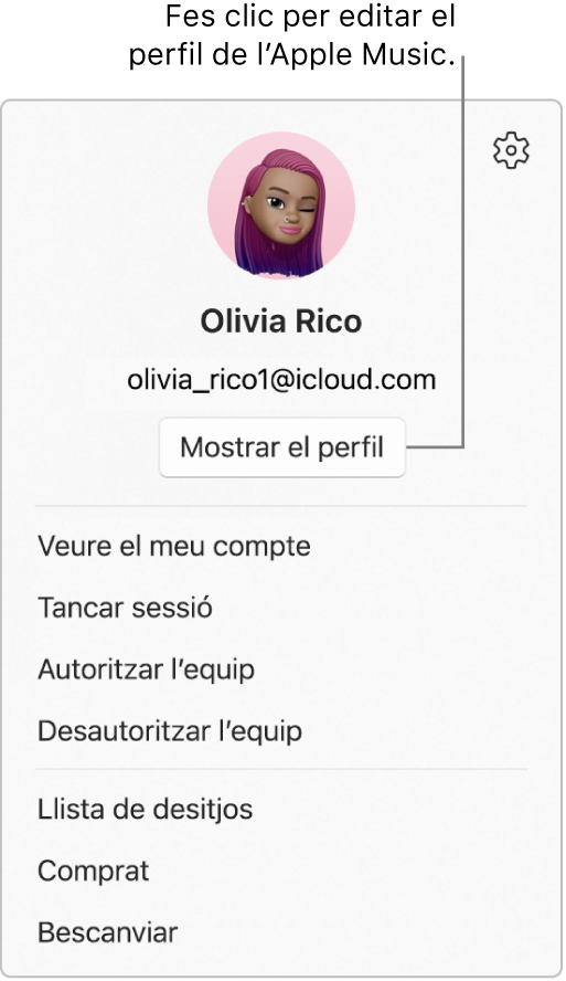 El menú de perfil, que apareix si selecciones el teu nom a la part inferior de la barra lateral. La imatge i el compte d’Apple de l’usuari són a la part superior. El botó de veure el perfil és a sota del compte d’Apple. Les opcions del menú són “Mostra el meu compte”, “Autoritza l’ordinador” i “Llista de desitjos”.