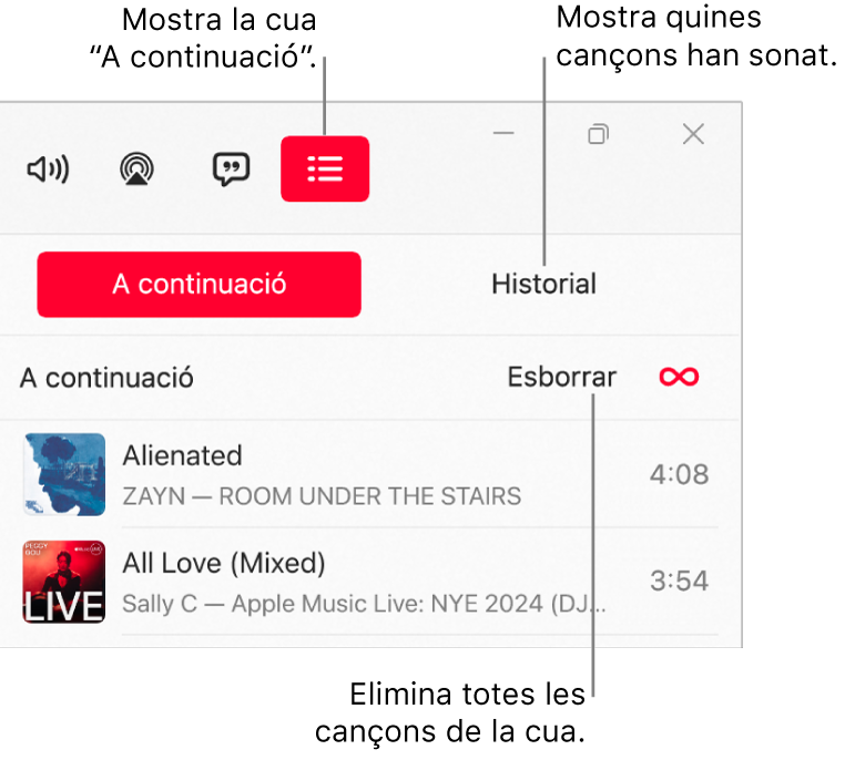 L’angle superior dret de la finestra de l’Apple Music, amb el botó “A continuació” a la part superior de la cua “A continuació”. El botó “Historial” és a la dreta del botó “A continuació”. Selecciona el botó d’historial per veure la llista de cançons reproduïdes anteriorment. L’enllaç “Esborra” és a sota del botó “Historial”. Selecciona l’enllaç “Esborra” per eliminar totes les cançons de la cua.