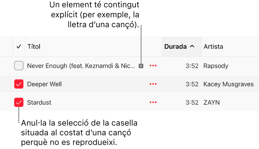 Detall de la llista de cançons a l’Apple Music amb les caselles de selecció i un símbol d’explícit a la primera cançó (aquest símbol indica que té contingut explícit, que pot ser la lletra de la cançó). Desmarca la casella que hi ha al costat d’una cançó perquè no es reprodueixi.
