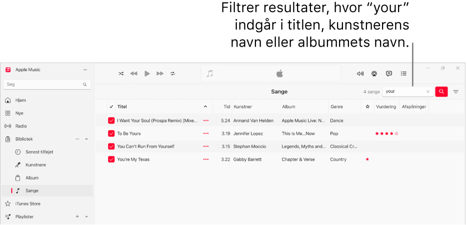 Vinduet Apple Music, der viser en liste med sange, som vises, når “love” skrives i filterfeltet i øverste højre hjørne. Sangene på listen indeholder ordet “love” i titlen, kunstnernavnet eller albumnavnet.