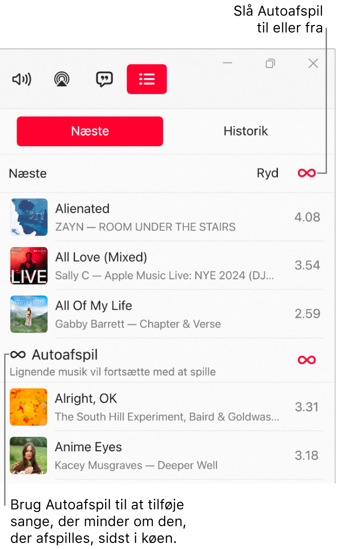 Køen Næste, der viser en liste med kommende sange og ikonet Autoafspil til højre. Vælg ikonet Autoafspil for at slå det til eller fra. Når Autoafspil er slået til, tilføjes lignende sange sidst i køen.