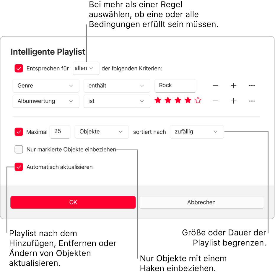 Das Dialogfenster „Intelligente Playlist“: Wähle oben links „Enthält“ und gib die Kriterien für die Playlist an (etwa Genre oder Wertung). Durch Auswählen der Taste „Hinzufügen“ oder „Entfernen“ oben rechts kannst du weitere Regeln hinzufügen oder Regeln entfernen. Im unteren Bereich des Dialogfensters kannst du verschiedene Optionen auswählen, um z. B. die Größe oder Dauer der Playlist zu beschränken, um nur solche Titel aufzunehmen, die markiert sind, oder um Apple Music die Playlist ändern zu lassen, wenn sich Objekte in deiner Mediathek ändern.