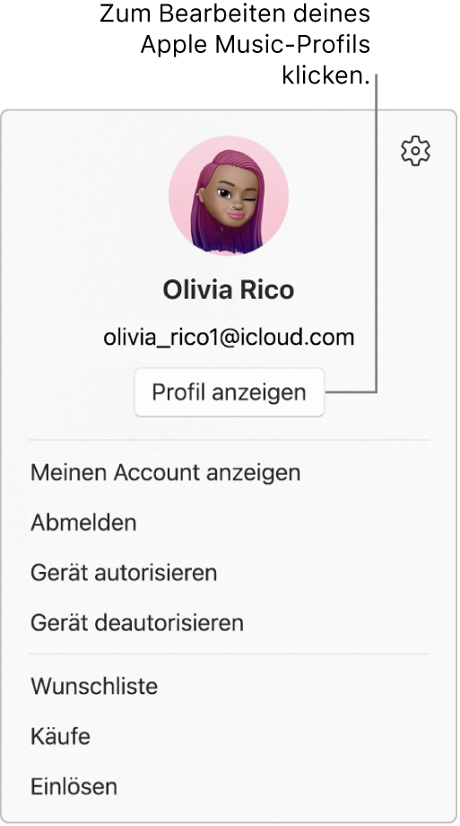 Das Menü „Profil“, das angezeigt wird, wenn du deinen Namen unten in der Seitenleiste auswählst. Das Benutzerbild und der Apple Account befinden sich oben. Die Taste „Profil anzeigen“ befindet sich unter dem Apple Account. Zu den Optionen gehören „Meinen Account anzeigen“, „Gerät autorisieren“ und „Wunschliste“.