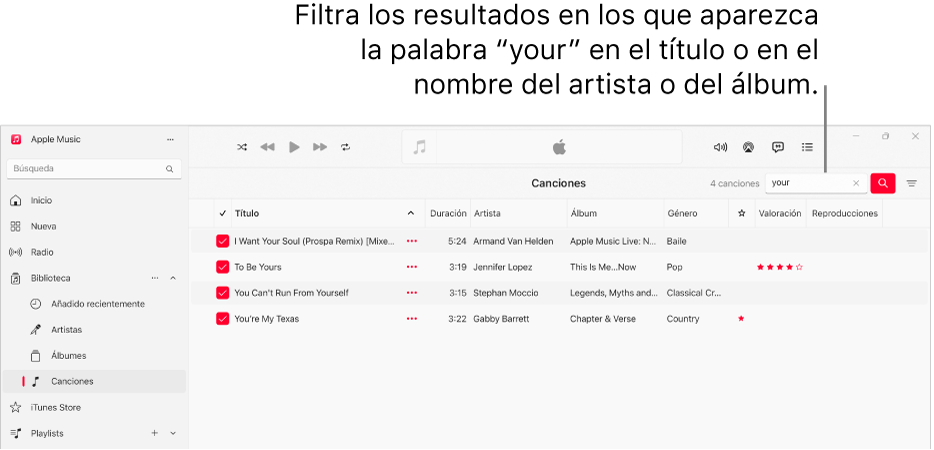 La ventana de Apple Music que muestra la lista de canciones que aparecen cuando se introduce “love” en el campo del filtro de la esquina superior derecha. Las canciones de la lista incluyen la palabra "love" en el título o el nombre del artista o del álbum.