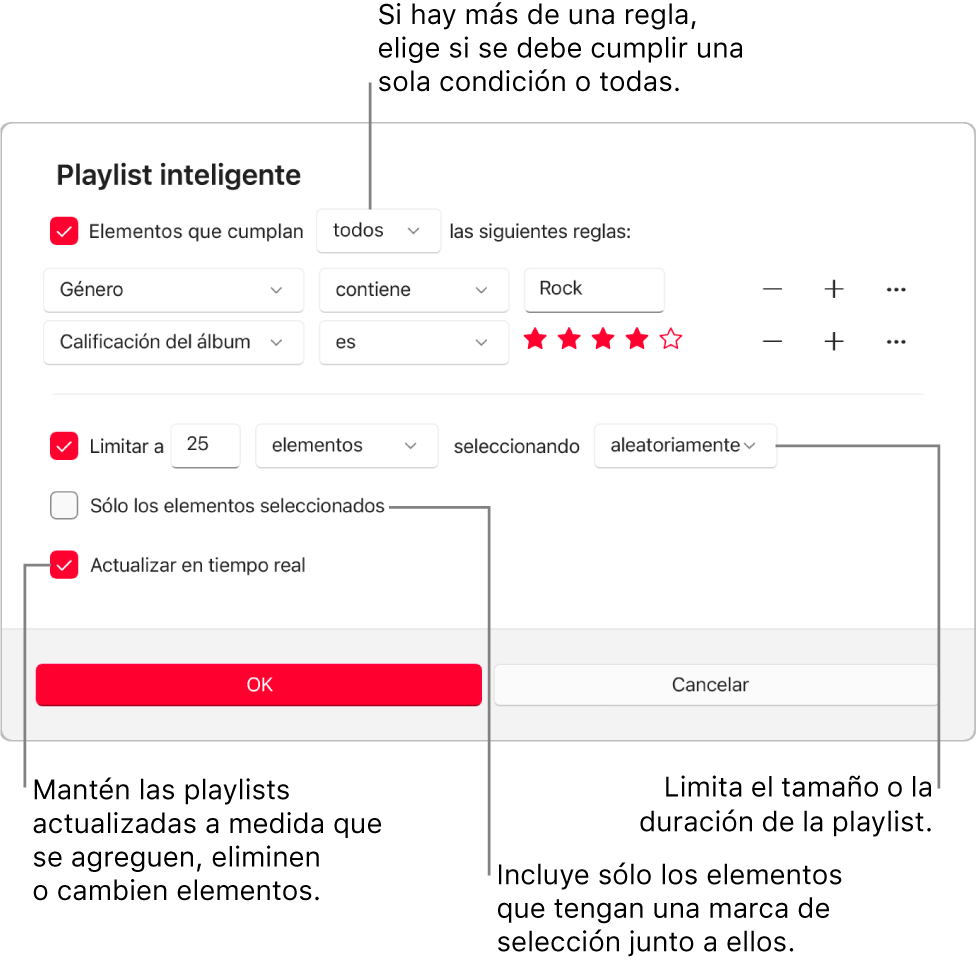 El diálogo de la playlist inteligente: En la esquina superior izquierda, selecciona Incluir elementos y especifica los criterios de la playlist (por ejemplo, un género o calificación). Continúa agregando o eliminando reglas seleccionando el botón Agregar o Eliminar, disponible a la derecha. Selecciona varias opciones en el área inferior del diálogo, por ejemplo, puedes limitar el tamaño o la duración de la playlist, incluir sólo las canciones seleccionadas o hacer que la app Apple Music actualice la playlist como elementos en tu cambio de biblioteca.