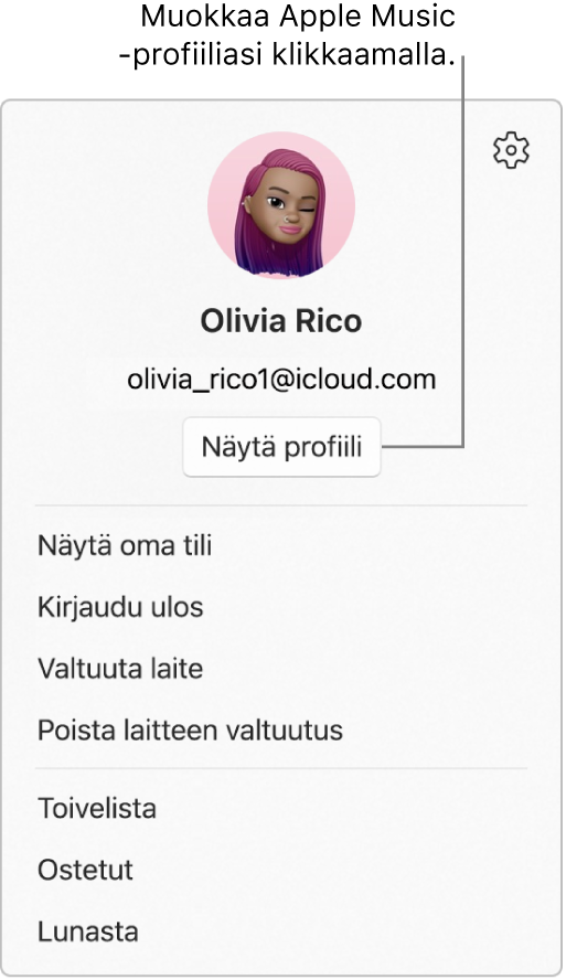 Profiilivalikko, joka näkyy, kun valitset nimesi sivupalkin alareunassa. Ylhäällä ovat käyttäjän kuva ja Apple-tili. Apple-tilin alla on Näytä profiili ‑painike. Valikossa ovat muun muassa valinnat Näytä oma tili, Valtuuta laite ja Toivelista.