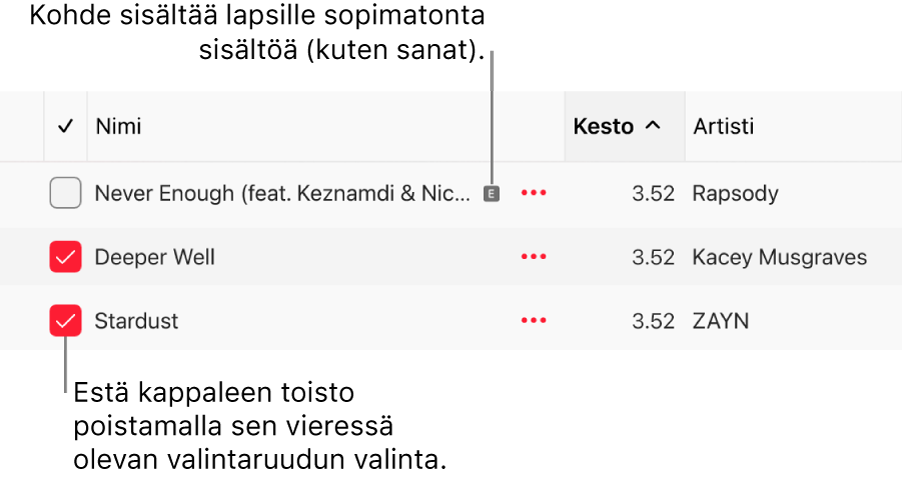 Yksityiskohta Apple Musicin kappaleluettelosta, jossa näkyvät valintaneliöt, ja ensimmäisen kappaleen kohdalla lapsille sopimattoman sisällön kuvake (joka kertoo, että siinä on lapsille sopimatonta sisältöä esimerkiksi sanoissa). Estä kappaleen toisto poistamalla valinta sen vieressä olevasta valintaneliöstä.