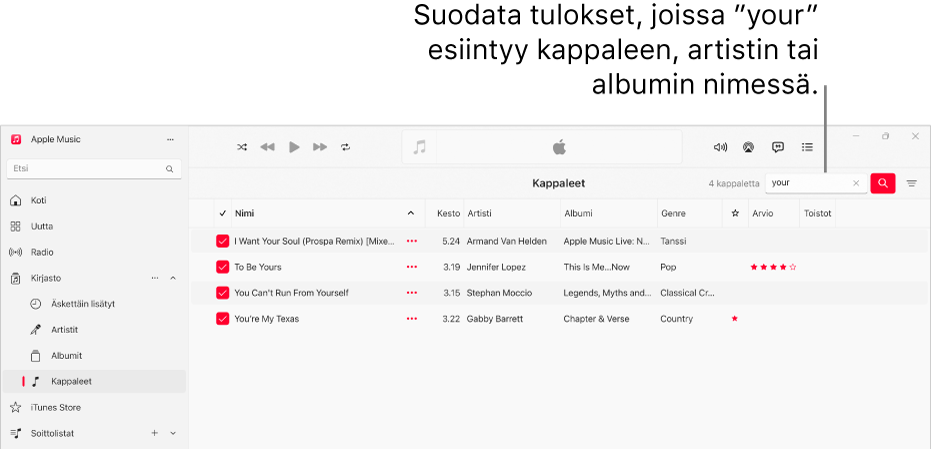 Apple Music -ikkuna, jossa on kappaleluettelo, joka tulee näkyviin, kun oikean yläkulman suodatinkenttään kirjoitetaan ”love”. Luettelon kappaleissa on sana ”love” kappaleen, artistin tai albumin nimessä.