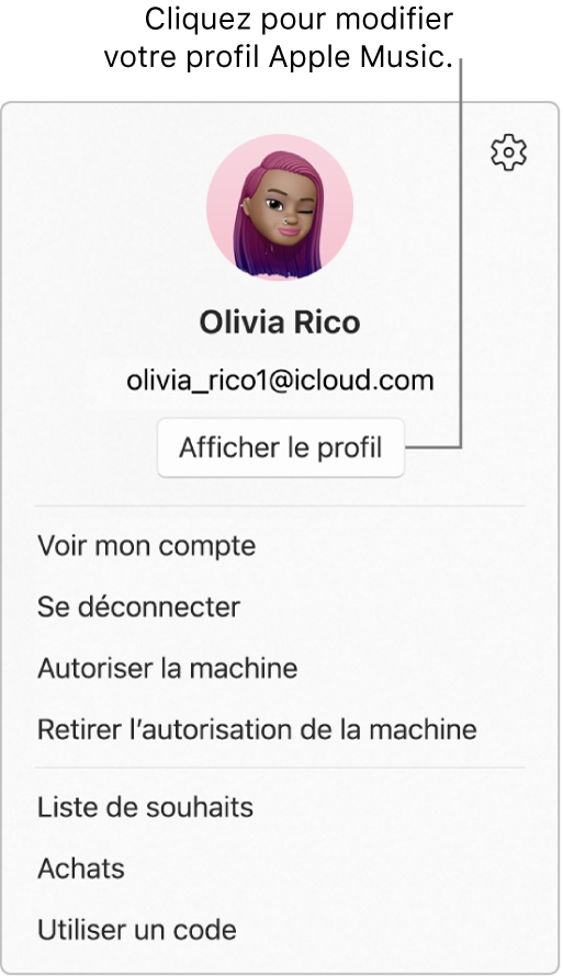 Le menu du profil, qui sʼaffiche lorsque vous sélectionnez votre nom en bas de la barre latérale. L’image et le compte Apple de lʼutilisateur se trouvent en haut. Le bouton « Afficher le profil » se trouve sous le compte Apple. Parmi les options du menu se trouvent « Voir mon compte », « Autoriser la machine » et « Liste de souhaits ».