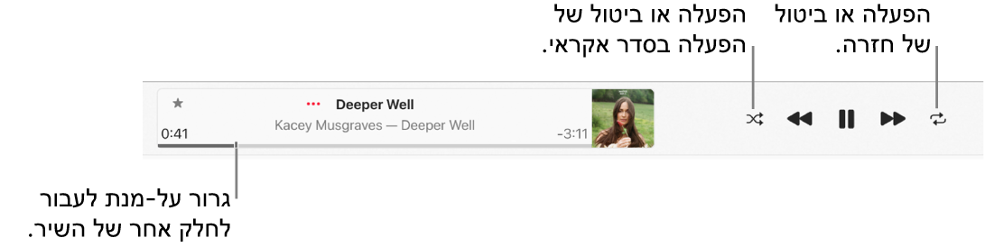 חלון ההפעלה שבו שיר מתנגן. הכפתור ״סדר אקראי״ מופיע בפינה הימנית העליונה; הכפתור ״חזרה״ מופיע מימין לעטיפת האלבום. ציר הזמן מופיע מתחת לשם השיר, בצד שמאל של החלון.