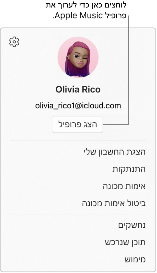 תפריט הפרופיל שמופיע לאחר הבחירה בשמך בתחתית סרגל הצד. תמונת המשתמש/ת וחשבון ה-Apple נמצאים למעלה. הכפתור ״הצגת הפרופיל״ מופיע מתחת לחשובן ה-Apple. אפשרויות התפריט כוללות את ״הצגת החשבון שלי״, ״אישור המחשב״ ו״נחשקים״.