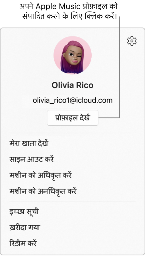 प्रोफ़ाइल मेनू, जो तब दिखाई देता है जब आप साइडबार के नीचे अपना नाम चुनते हैं। यूज़र की तस्वीर और Apple खाता सबसे ऊपर है। प्रोफ़ाइल देखें बटन Apple खाते के नीचे है। मेनू विकल्पों में मेरा खाता देखें, अधिकृत मशीन और विशलिस्ट शामिल हैं।