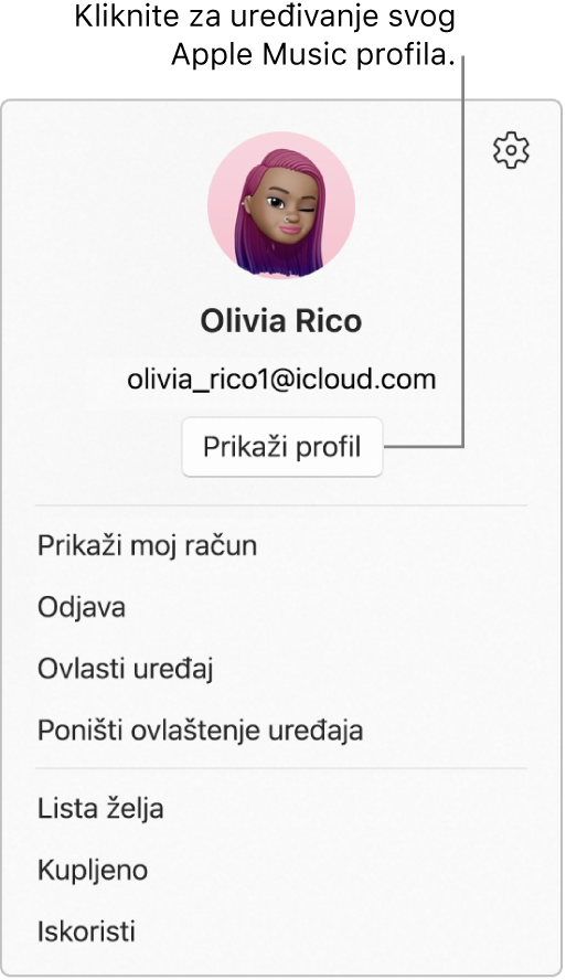 Izbornik profila koji se prikazuje kada odaberete svoje ime pri dnu rubnog stupca. Slika korisnika i Apple račun nalaze se pri vrhu. Tipka Prikaži profil nalazi se ispod Apple računa. Opcije izbornika uključuju Prikaži moj račun, Ovlasti uređaj i Popis želja.