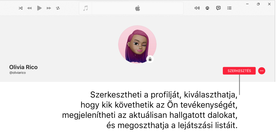 Az Apple Music-profiloldal: az ablak jobb oldalán a Szerkesztés gomb látható, amely kiválasztásával szerkesztheti a profilját, kiválaszthatja, hogy ki követheti az Ön tevékenységét, megjelenítheti, hogy mit hallgat és megoszthat lejátszási listákat.