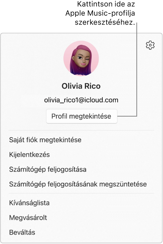 A profilmenü, amely akkor jelenik meg, amikor kiválasztja a nevét az oldalsáv alján. Felül a felhasználó képe és az Apple-fiók látható. Az Apple-fiók alatt a Profil megtekintése gomb jelenik meg. A menüopciók között megtalálható a Saját fiók megtekintése, a Számítógép feljogosítása és a Kívánságlista lehetőség.