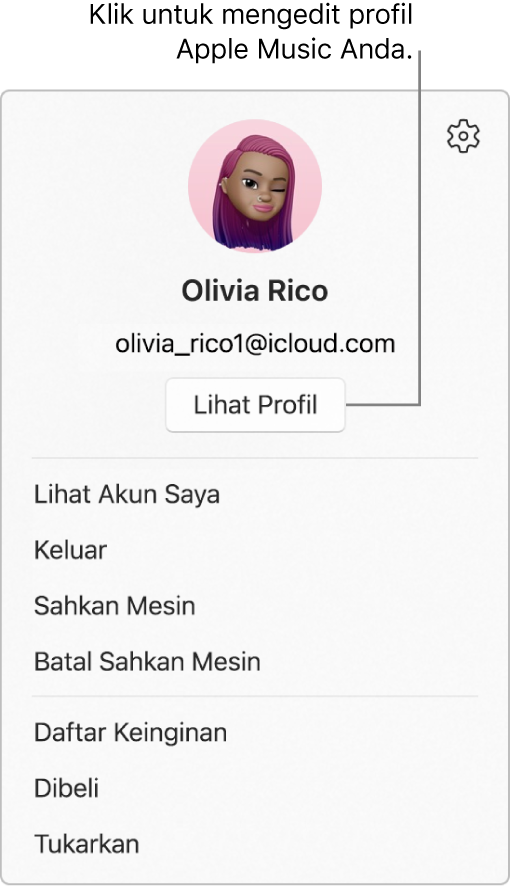 Menu profil, yang muncul saat Anda memilih nama Anda di bagian bawah bar samping. Gambar pengguna dan Akun Apple berada di bagian atas. Tombol Lihat Profil berada di bawah Akun Apple. Pilihan menu meliputi Lihat Akun Saya, Sahkan Mesin, dan Daftar Keinginan.