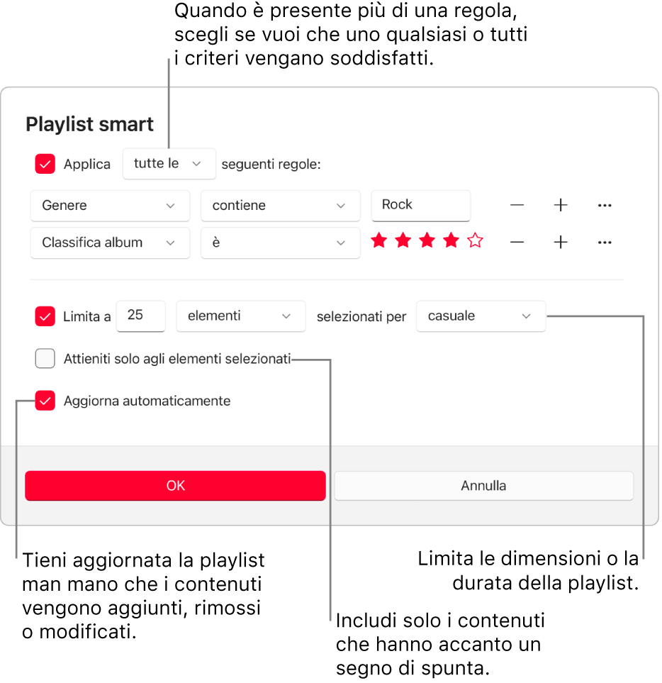 La finestra di dialogo Playlist smart: Nell’angolo in alto a sinistra, seleziona Applica, quindi specifica i criteri della playlist (ad esempio, Genere o Classifica). Continua ad aggiungere o rimuovere regole selezionando il pulsante Aggiungi o Rimuovi a destra. Seleziona varie opzioni nella parte inferiore della finestra di dialogo, ad esempio limitare le dimensioni o la durata della playlist, includendo solo i brani che sono selezionati o fare in modo che Apple Music aggiorni la playlist mentre gli elementi nella tua libreria cambiano.