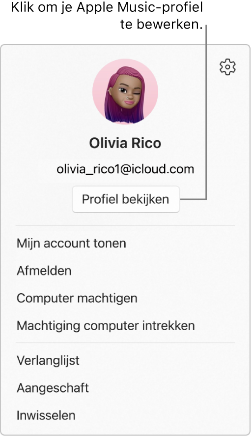 Het profielmenu, dat verschijnt wanneer je onder in de navigatiekolom je naam selecteert. Bovenin staan de afbeelding en Apple Account van de gebruiker. De knop 'Profiel bekijken' staat onder de Apple Account. Menuopties zijn onder meer 'Mijn account tonen', 'Computer machtigen' en 'Verlanglijst'.