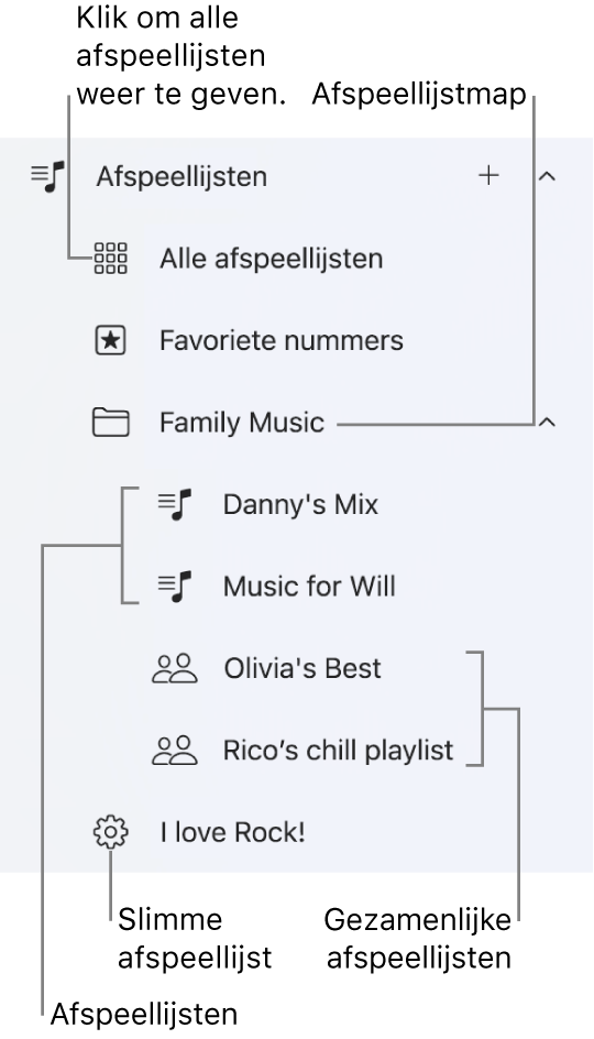 In de navigatiekolom van Apple Music zie je de diverse typen afspeellijsten. Selecteer 'Alle afspeellijsten' om ze allemaal te bekijken. Je kunt ook een afspeellijstenmap aanmaken.