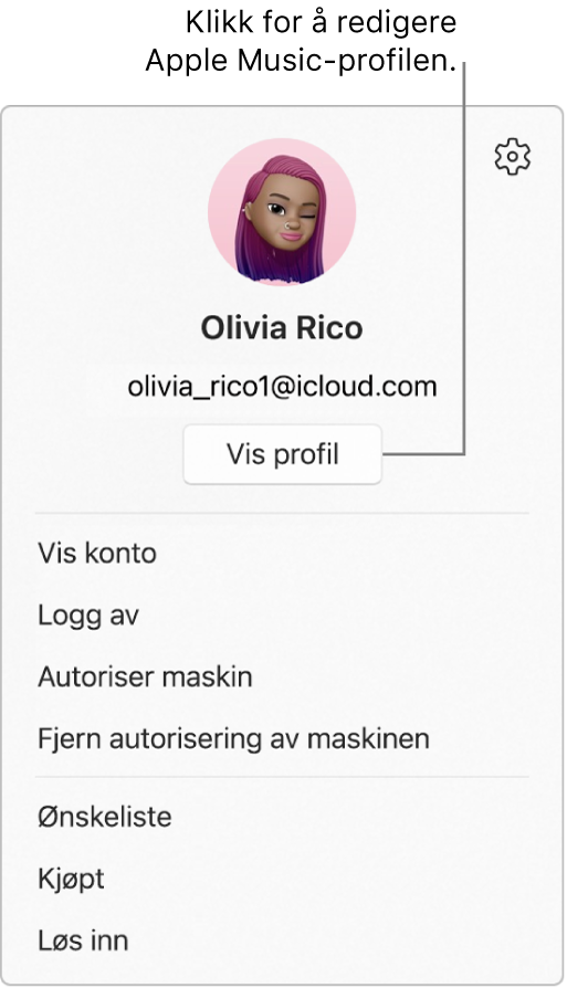 Profilmenyen som vises når du velger navnet ditt nederst i sidepanelet. Brukerbildet og Apple-kontoen er øverst. Vis profil-knappen er under Apple-kontoen. Menyvalgene inkluderer Vis konto, Autoriser maskin og Ønskeliste.