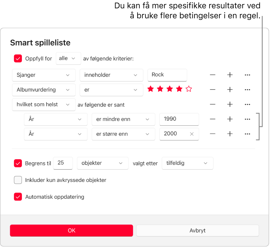 Smart spilleliste-dialogruten: Bruk Nesting-knappen til høyre for å legge til flere nestede regler – slik at du får mer nøyaktige resultater.