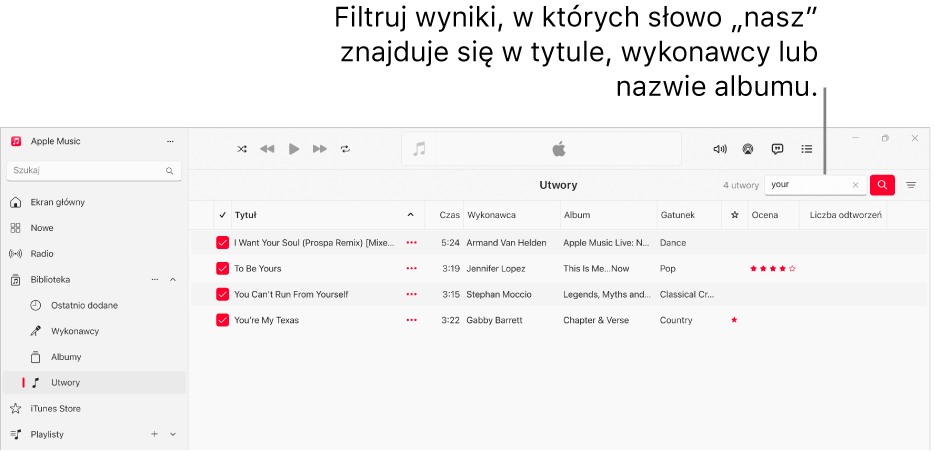 Okno Apple Music z listą utworów wyświetlaną po wprowadzeniu „love” w polu filtra w prawym górnym rogu. Utwory znajdujące się na liście zawierają słowo „love” w tytule, nazwie wykonawcy lub tytule albumu.