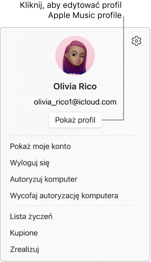Menu profilu, które pojawia się po wybraniu Twojego imienia i nazwiska na dole paska bocznego. Zdjęcie użytkownika i konto Apple są widoczne u góry. Przycisk Pokaż profil znajduje się pod kontem Apple. Menu zawiera m.in. opcje Pokaż moje konto, Autoryzuj komputer i Lista życzeń.