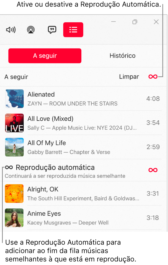 A fila de espera “A seguir”, a mostrar uma lista das próximas músicas e o ícone de reprodução automática à direita. Selecione o ícone de reprodução automática para a ativar ou desativar. Quando a reprodução automática está ativada, são adicionadas músicas semelhantes à última posição da fila de espera.