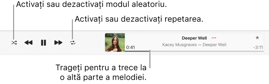 Fereastra de redare cu o melodie în curs de redare. Butonul Mod aleatoriu se află în colțul din stânga sus; butonul Repetă se află în stânga ilustrației albumului. Derulatorul este sub numele melodiei, în partea dreaptă a ferestrei.