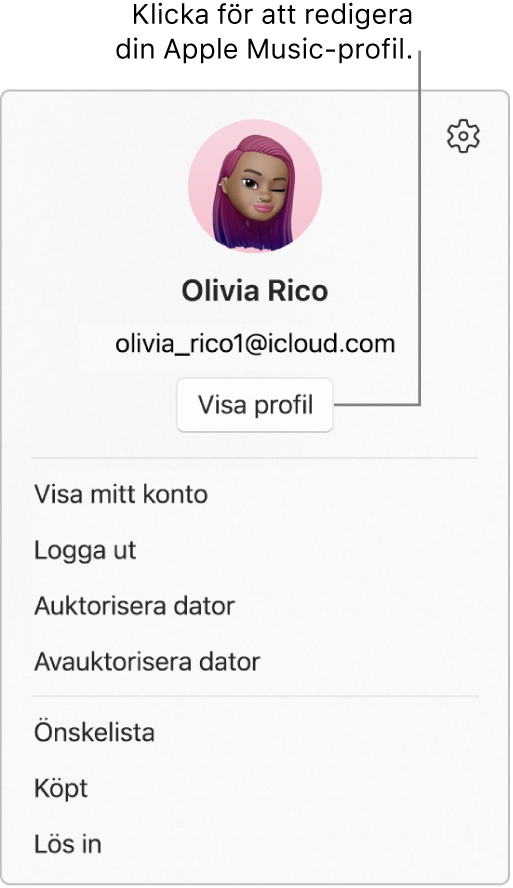 Profilmenyn som visas när du väljer ditt namn längst ned i sidofältet. Användarens bild och Apple‑konto är överst. Knappen Visa profil är nedanför Apple‑kontot. Menyalternativen omfattar Visa mitt konto, Auktorisera dator och Önskelista.