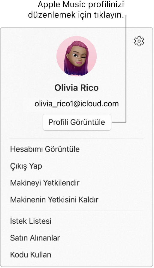 Kenar çubuğunun en altında adınızı seçtiğinizde görünen profil menüsü. Kullanıcı görüntüsü ve Apple Hesabı en üsttedir. Profili Görüntüle düğmesi Apple Hesabı’nın altında yer alır. Menü seçenekleri; Hesabımı Görüntüle, Makineyi Yetkilendir ve İstek Listesi seçeneklerini içerir.