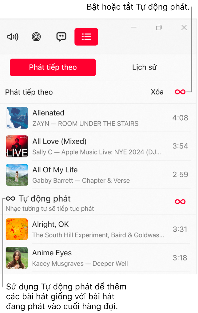 Hàng đợi Phát tiếp theo, đang hiển thị danh sách các bài hát sắp tới và nút Tự động phát ở bên phải. Chọn biểu tượng Tự động phát để bật hoặc tắt. Khi Tự động phát được bật, các bài hát tương tự sẽ được thêm vào cuối hàng đợi.