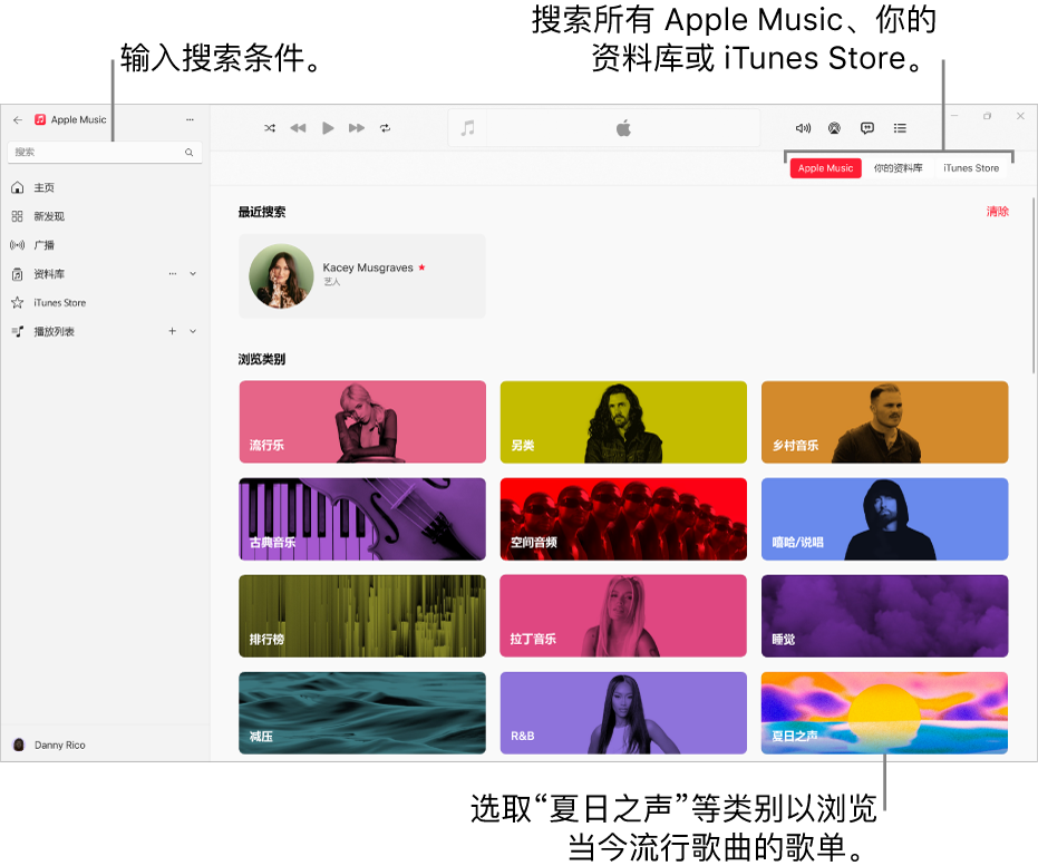 Apple Music 窗口的左上角显示搜索栏,窗口中间是类别列表,右上角显示 Apple Music、“你的资料库”和 iTunes Store 按钮。