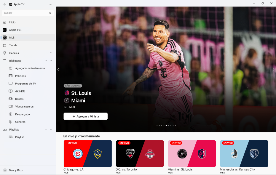 La app Apple TV mostrando la pantalla MLS abierta.