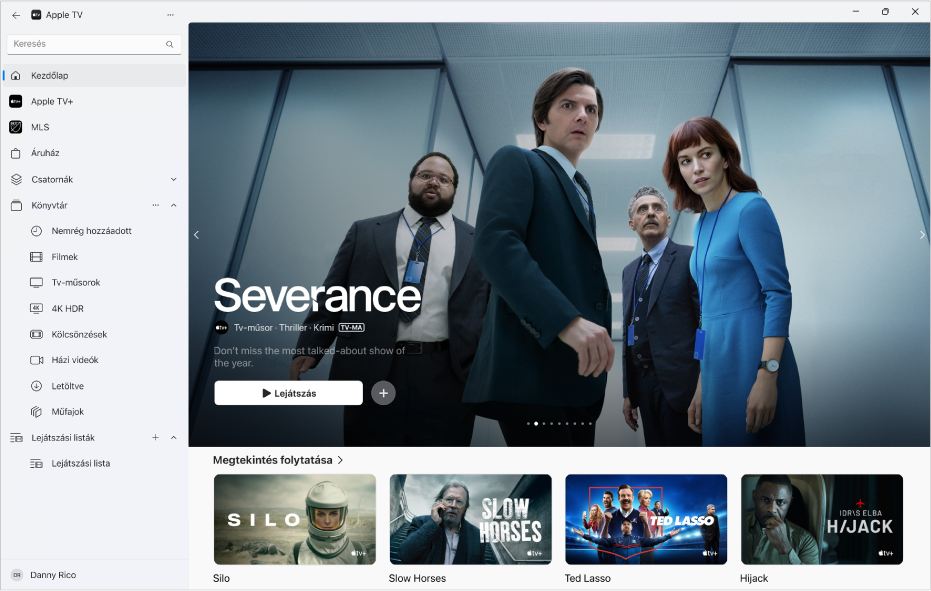 Az Apple TV app, amelyben az Otthon szakasz van megnyitva.
