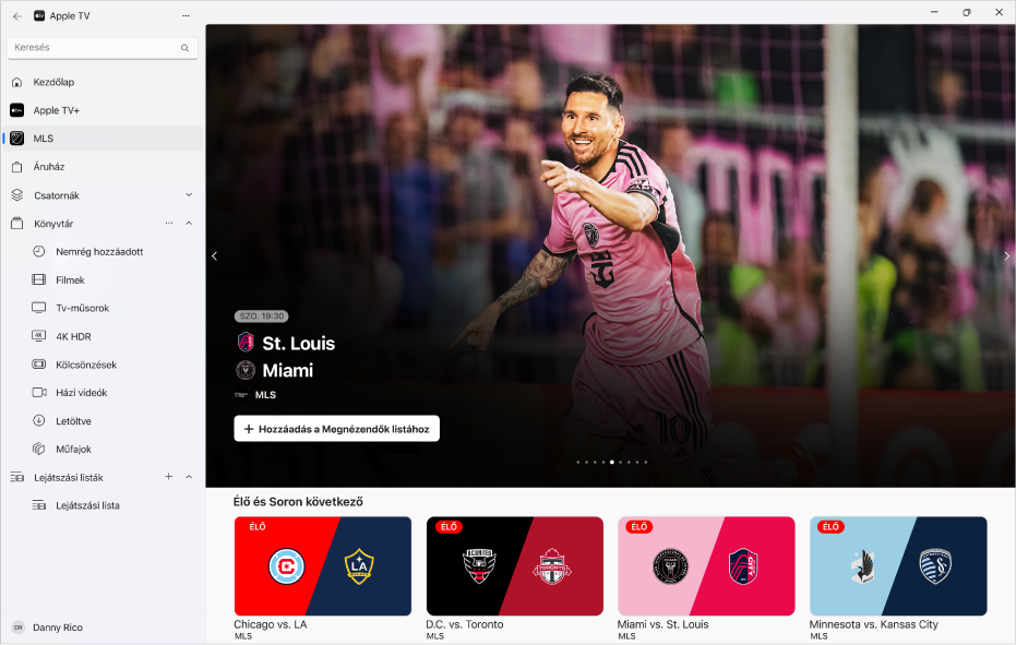 Az Apple TV app, amelyben az MLS szakasz van megnyitva.