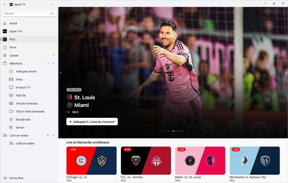 Aplicația Apple TV cu fila MLS deschisă.