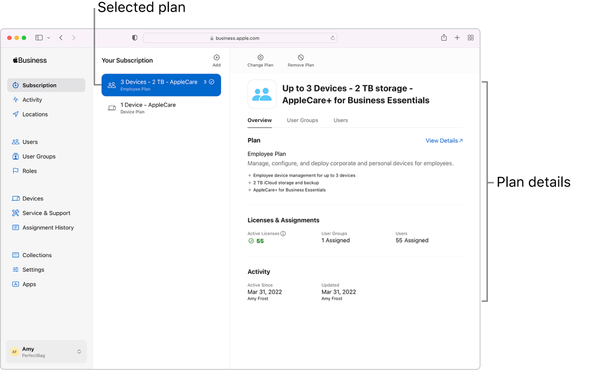 The Subscription window in Apple Business Essentials, showing a selected employee plan and the plan details.