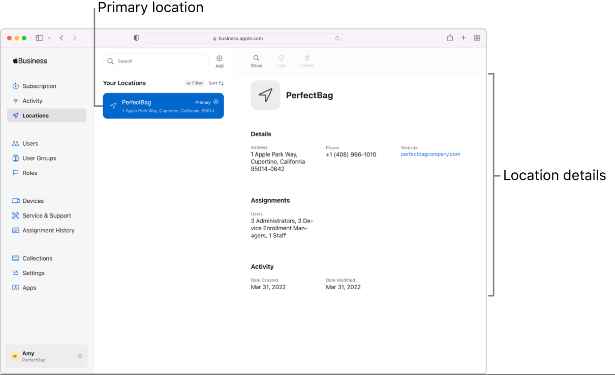 The Locations window in Apple Business Essentials, showing location options and location information for a selected organization.