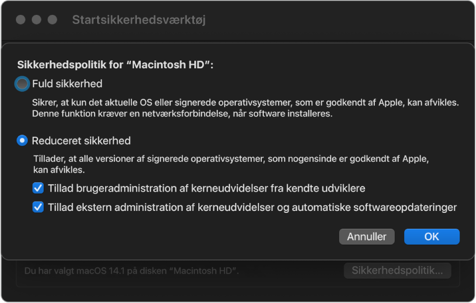 Et vindue til valg af sikkerhedspolitik i Startsikkerhedsværktøj, hvor politikken Reduceret sikkerhed er valgt for disken Macintosh HD.