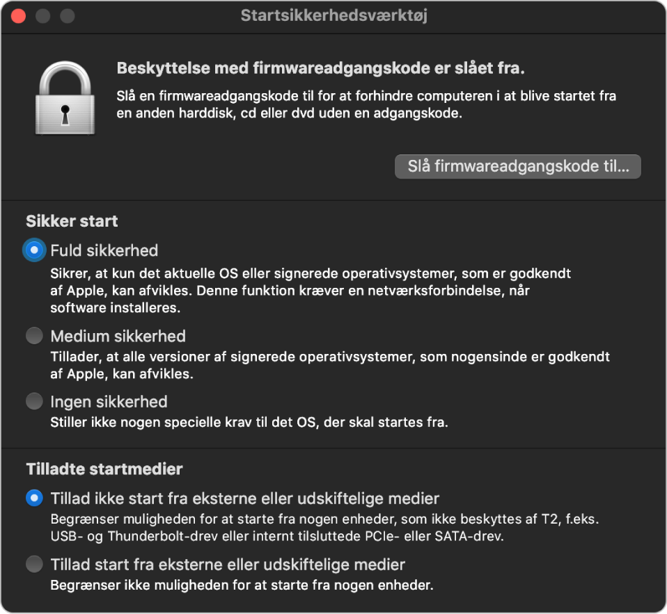 Vinduet i Startsikkerhedsværktøj, der viser en note om beskyttelse af firmwareadgangskoden efterfulgt at tre sikkerhedsmuligheder under Sikker start og to sikkerhedsmuligheder under Tilladte startmedier.