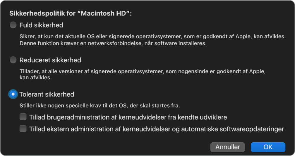 Et vindue til valg af sikkerhedspolitik i Startsikkerhedsværktøj, hvor politikken Permissiv sikkerhed er valgt for disken Macintosh HD.